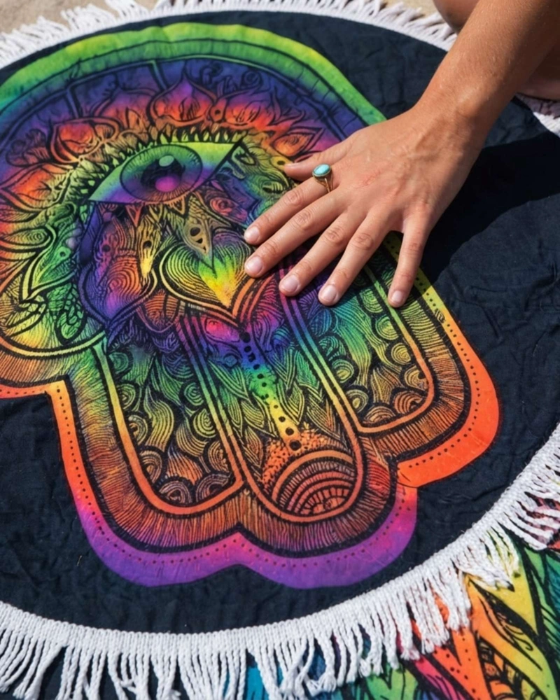 TOALLA MANDALA DE PLAYA REDONDA CON FLECOS DISEÑOS VERANO. - 6
