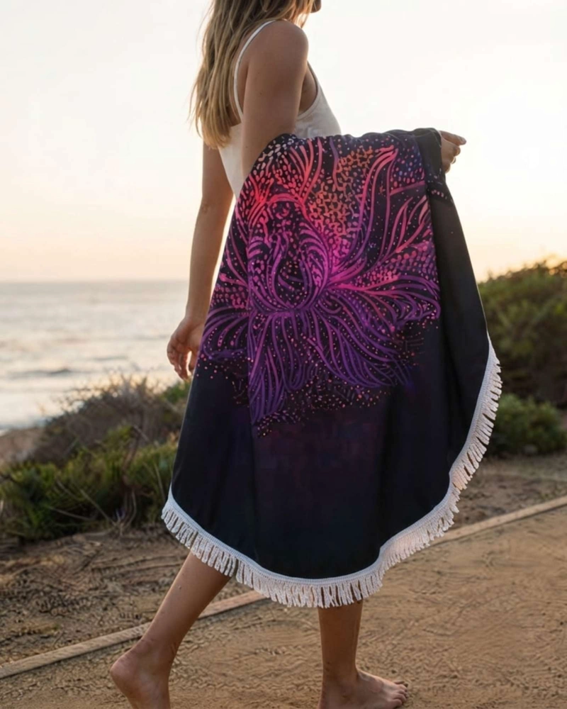 TOALLA MANDALA DE PLAYA REDONDA CON FLECOS DISEÑOS VERANO. - 3