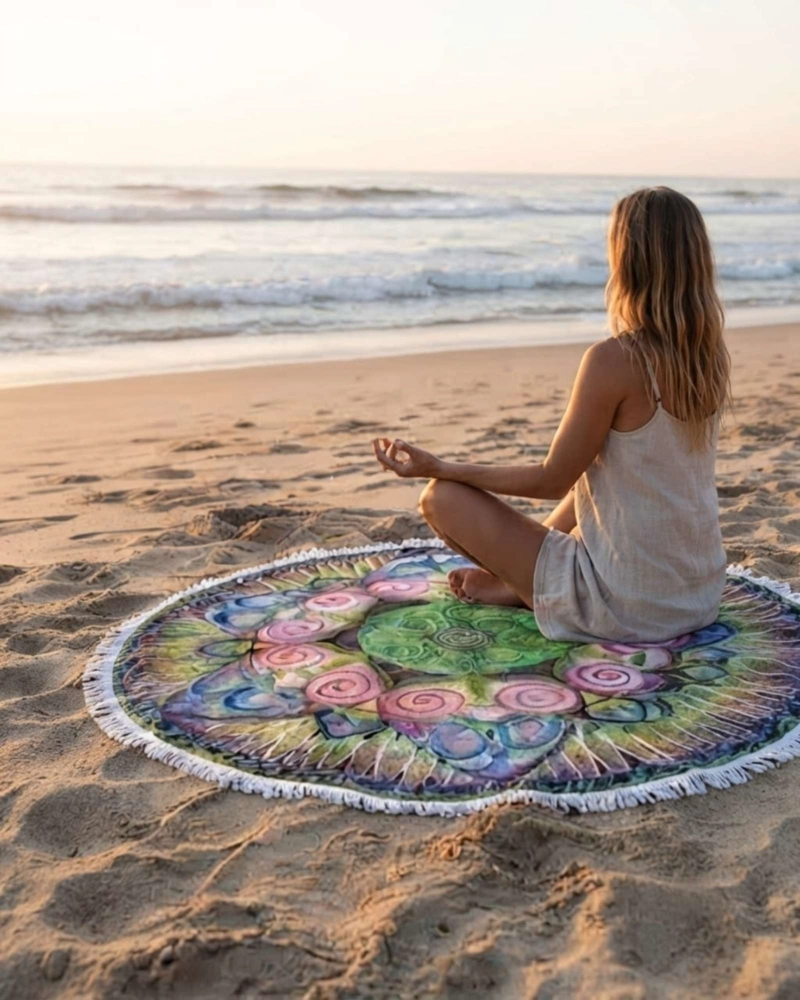 TOALLA MANDALA DE PLAYA REDONDA CON FLECOS DISEÑOS VERANO. - 2