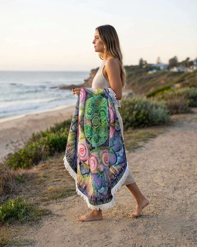 TOALLA MANDALA DE PLAYA REDONDA CON FLECOS DISEÑOS VERANO. - 3