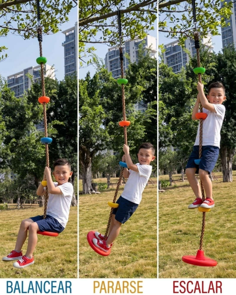 COLUMPIO DE ESCALADA INFANTIL TIPO DISCO CON CUERDA Y PELDAÑOS. - 4