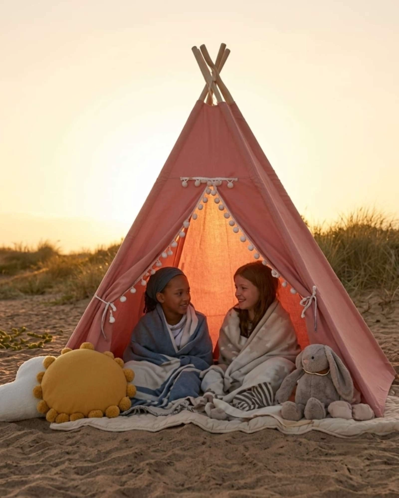 CARPA TIPI INFANTIL ROSADA CON POMPONES. - 1