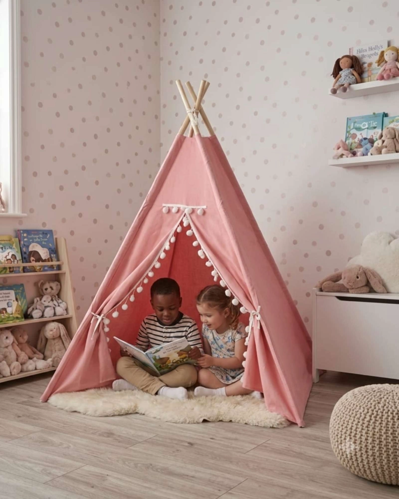 CARPA TIPI INFANTIL ROSADA CON POMPONES. - 2