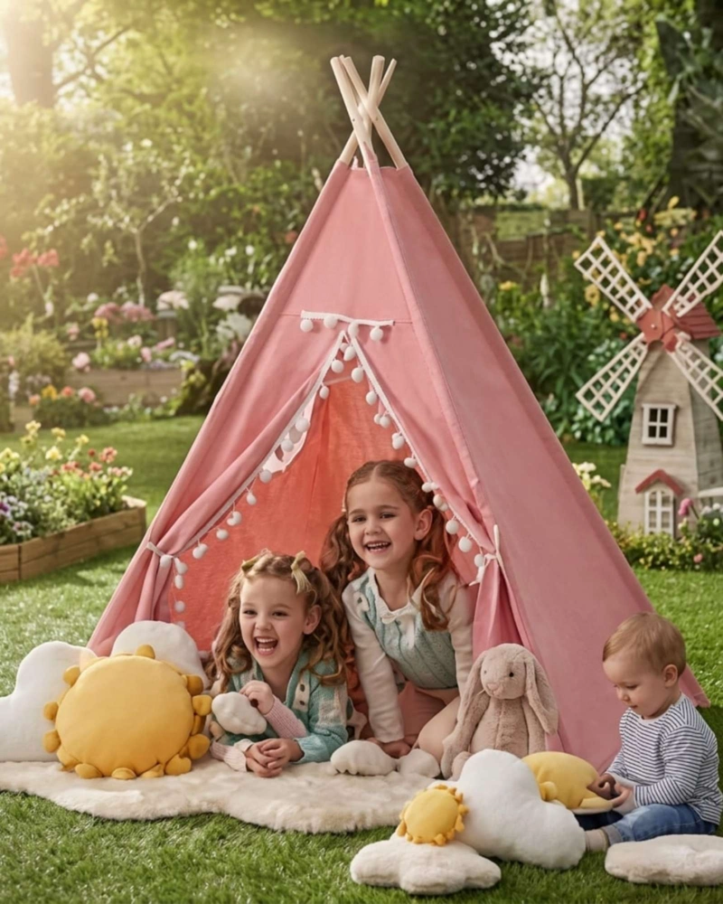 CARPA TIPI INFANTIL ROSADA CON POMPONES. - 3