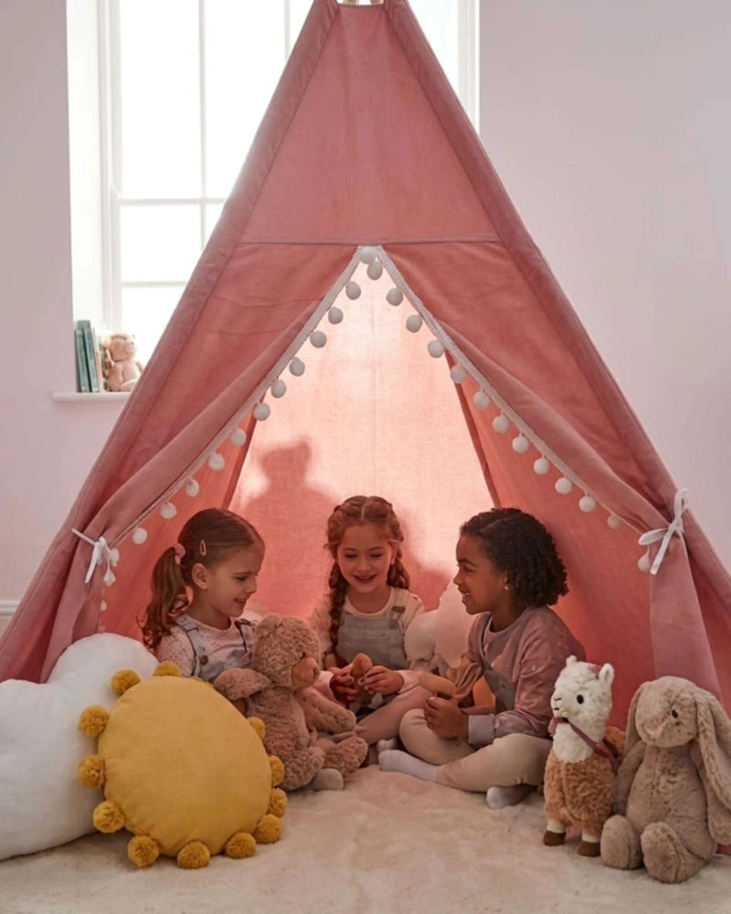 CARPA TIPI INFANTIL ROSADA CON POMPONES. - 5