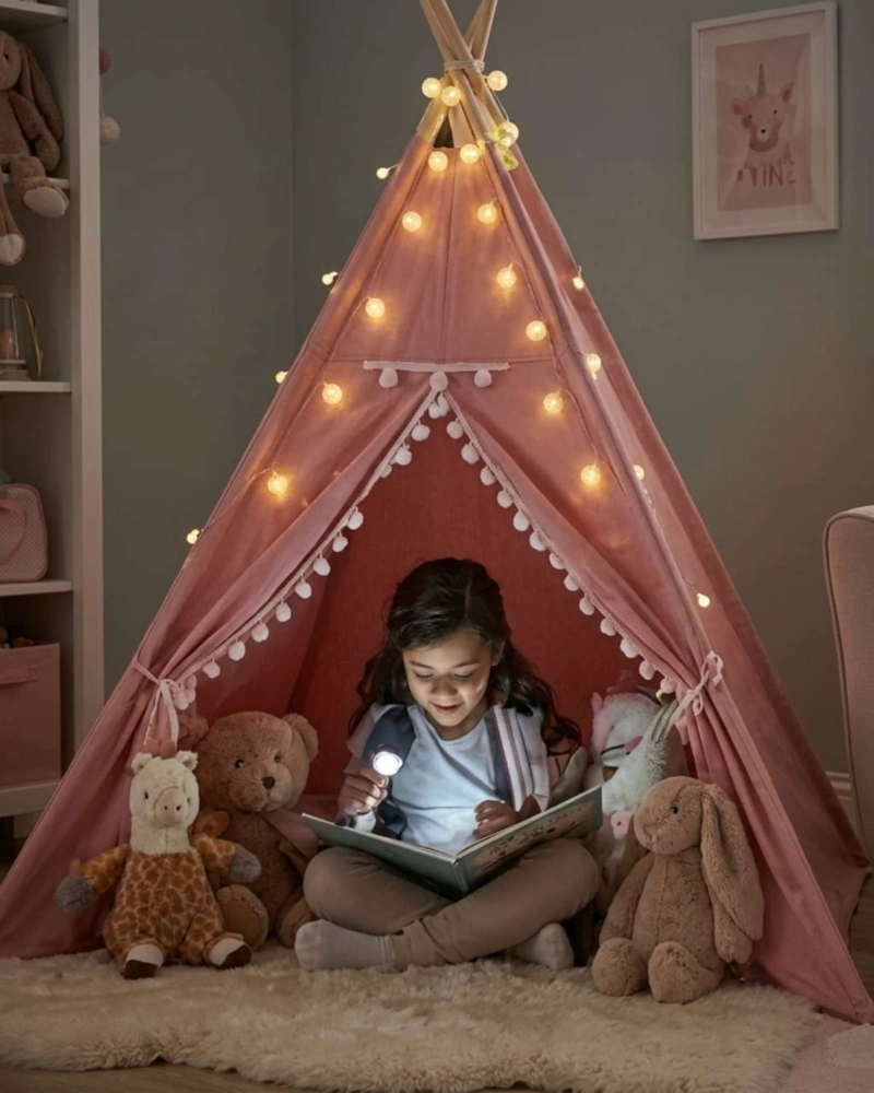 CARPA TIPI INFANTIL ROSADA CON POMPONES. - 6