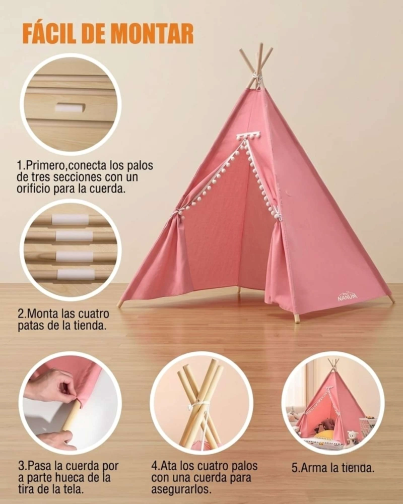 CARPA TIPI INFANTIL ROSADA CON POMPONES. - 7