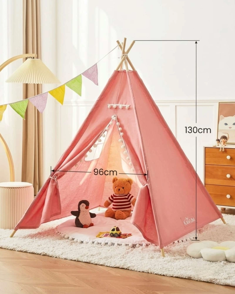 CARPA TIPI INFANTIL ROSADA CON POMPONES. - 8