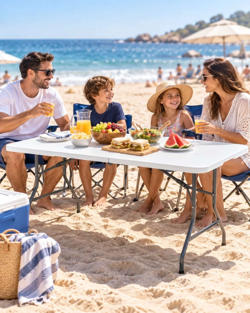 MESA PORTATIL PLEGABLE 180 × 74 CM PARA CAMPING Y HOGA BLANCA - 4