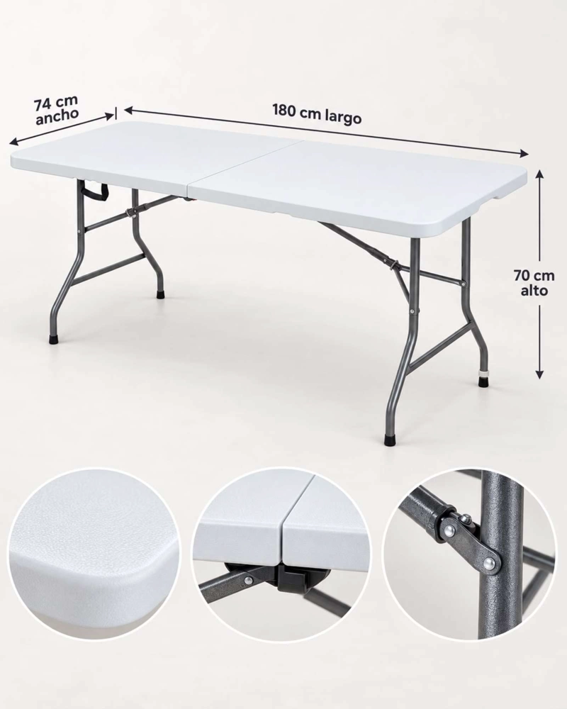 MESA PORTATIL PLEGABLE 180 × 74 CM PARA CAMPING Y HOGA BLANCA - 6