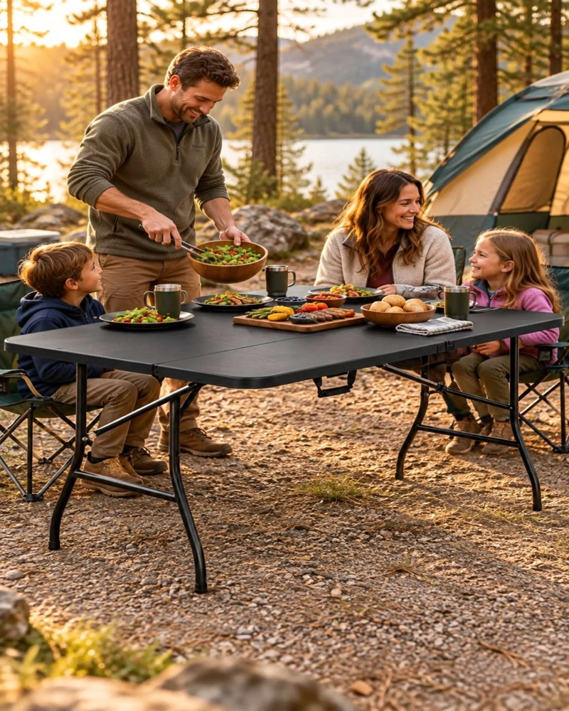 MESA PORTATIL PLEGABLE 180 × 74 CM PARA CAMPING Y HOGA NEGRO - 2