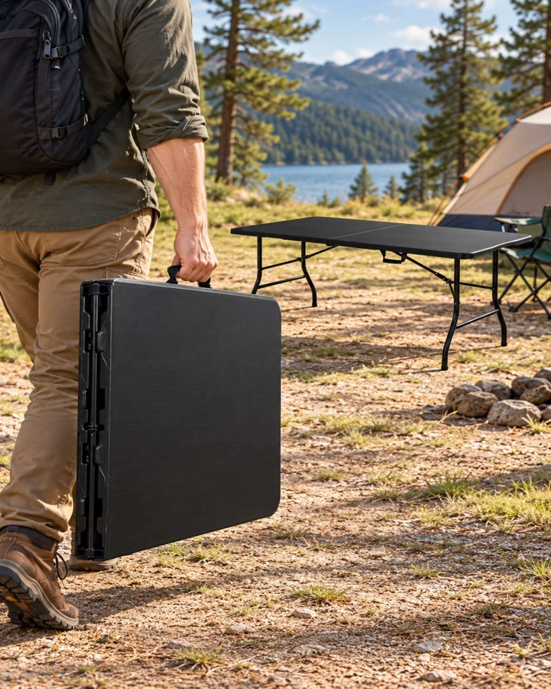 MESA PORTATIL PLEGABLE 180 × 74 CM PARA CAMPING Y HOGA NEGRO - 3