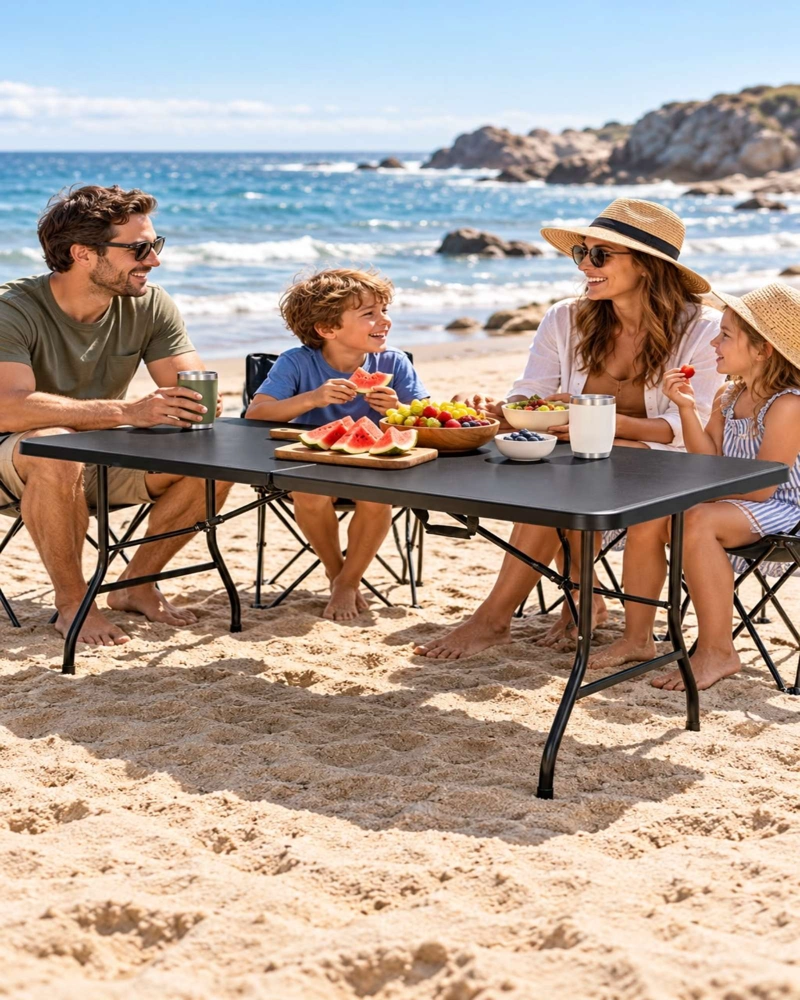 MESA PORTATIL PLEGABLE 180 × 74 CM PARA CAMPING Y HOGA NEGRO - 4