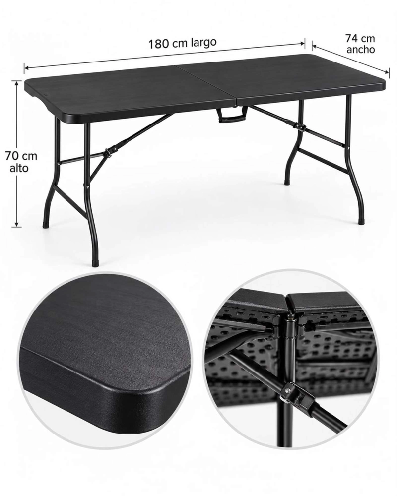 MESA PORTATIL PLEGABLE 180 × 74 CM PARA CAMPING Y HOGA NEGRO - 6