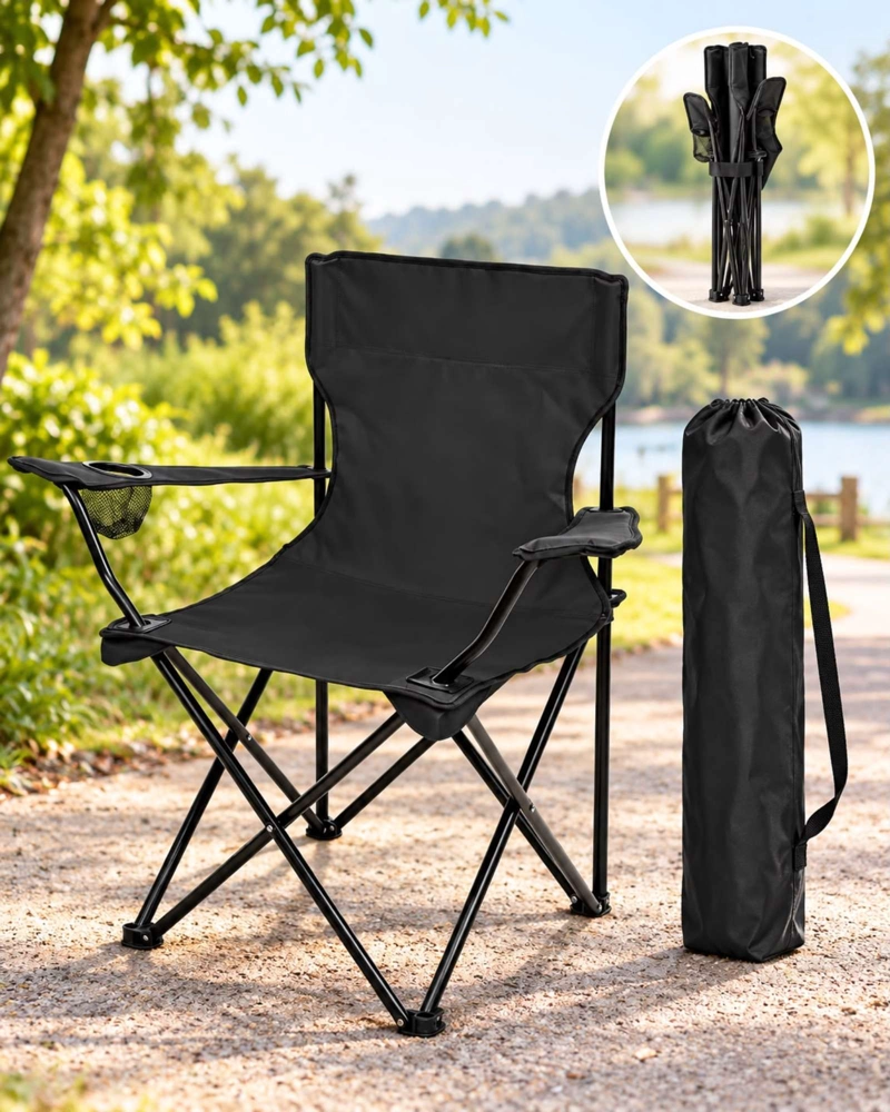 SILLA DE CAMPING PLEGABLE LIVIANA CON PORTAVASOS Y BOLSO NEGRO - 1