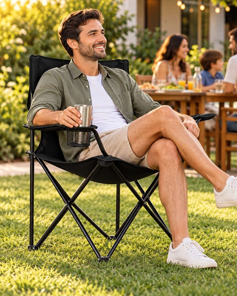 SILLA DE CAMPING PLEGABLE LIVIANA CON PORTAVASOS Y BOLSO NEGRO - 2
