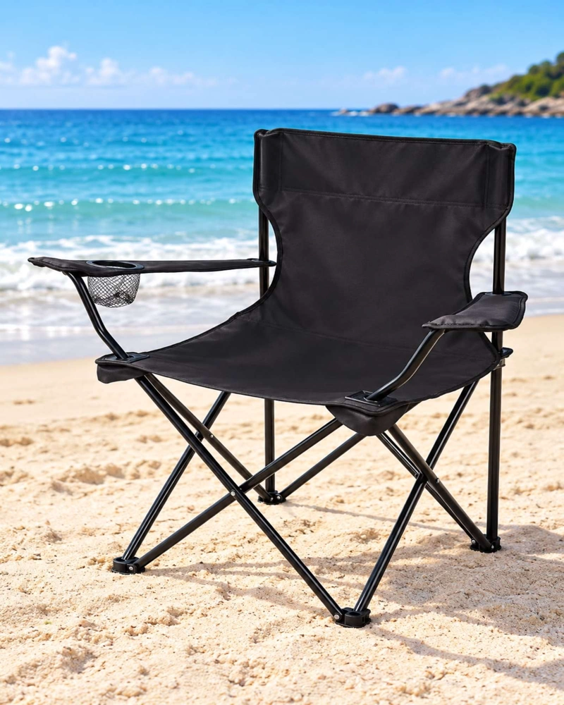 SILLA DE CAMPING PLEGABLE LIVIANA CON PORTAVASOS Y BOLSO NEGRO - 3