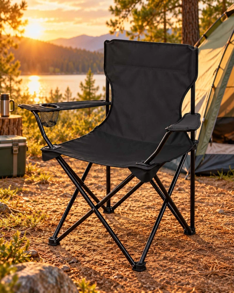 SILLA DE CAMPING PLEGABLE LIVIANA CON PORTAVASOS Y BOLSO NEGRO - 4