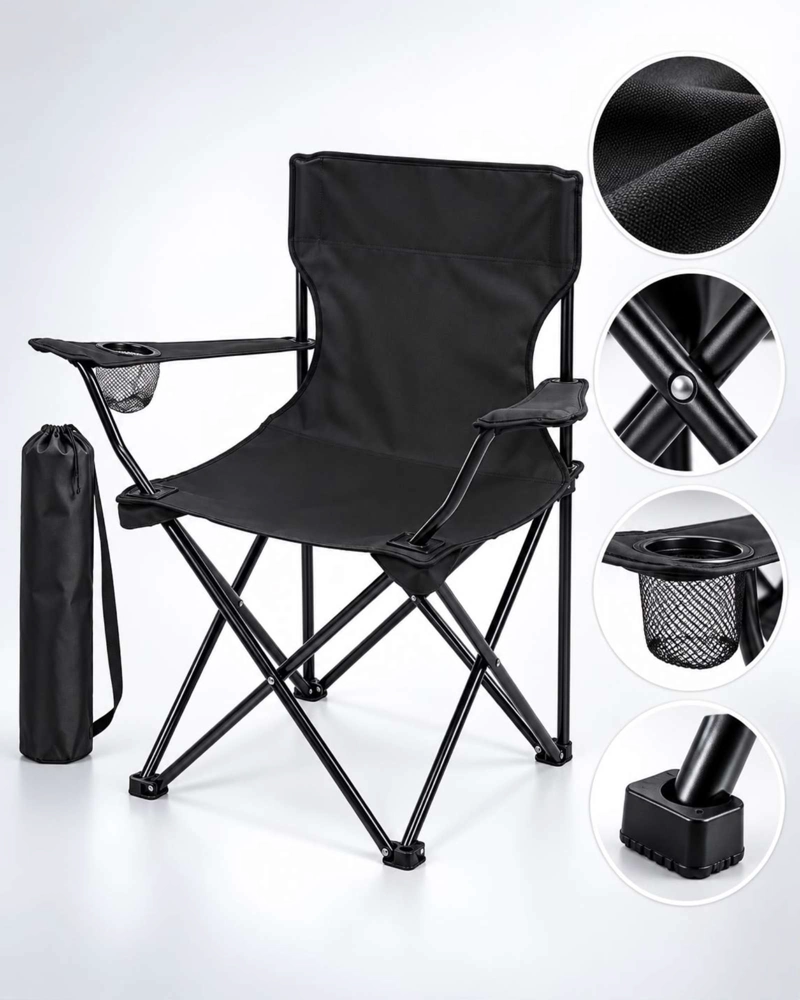 SILLA DE CAMPING PLEGABLE LIVIANA CON PORTAVASOS Y BOLSO NEGRO - 5