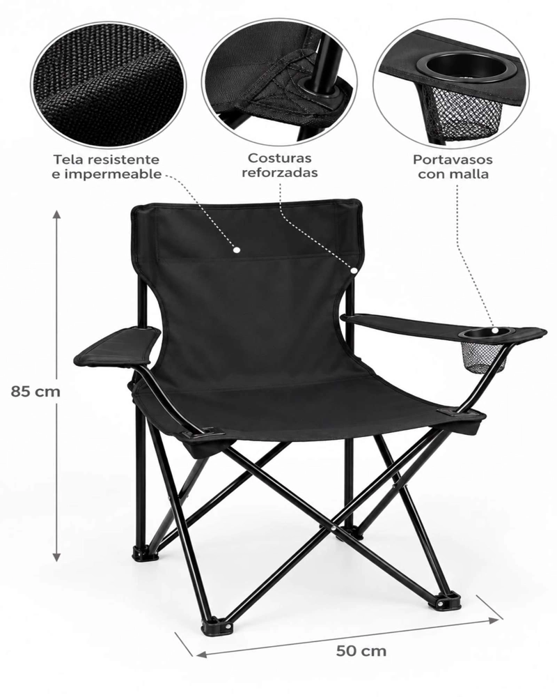 SILLA DE CAMPING PLEGABLE LIVIANA CON PORTAVASOS Y BOLSO NEGRO - 6