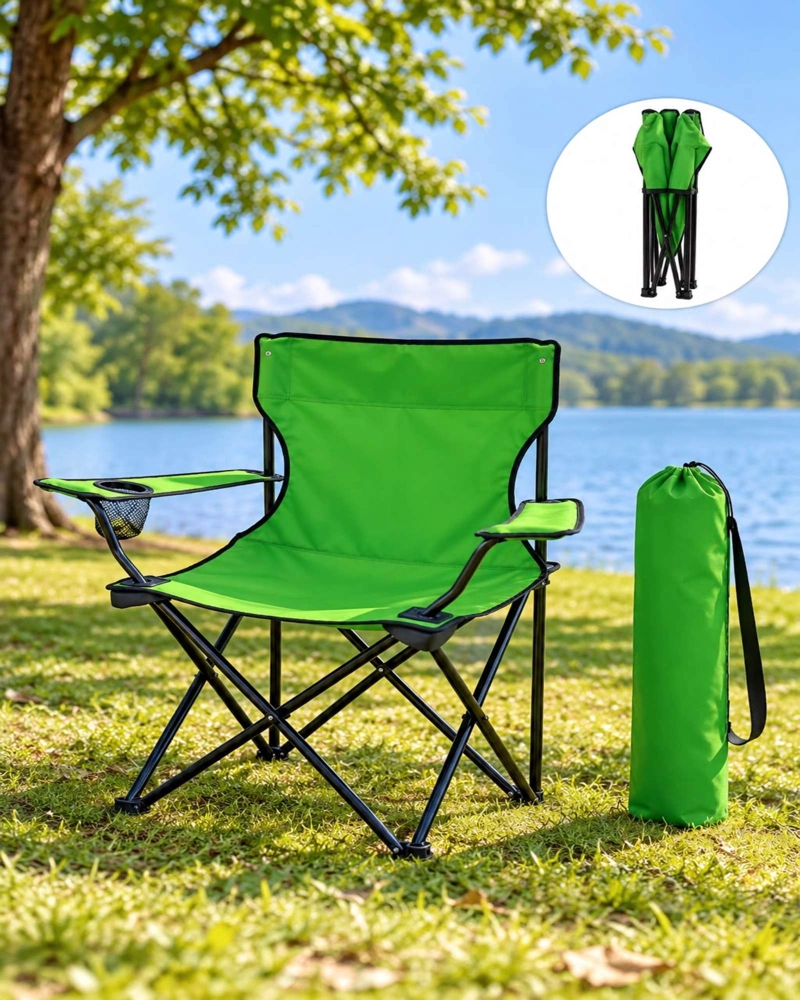 SILLA DE CAMPING PLEGABLE LIVIANA CON PORTAVASOS Y BOLSO VERDE - 1