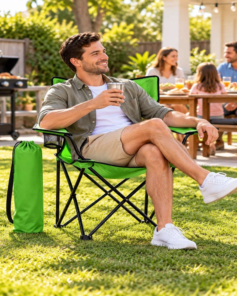 SILLA DE CAMPING PLEGABLE LIVIANA CON PORTAVASOS Y BOLSO VERDE - 2