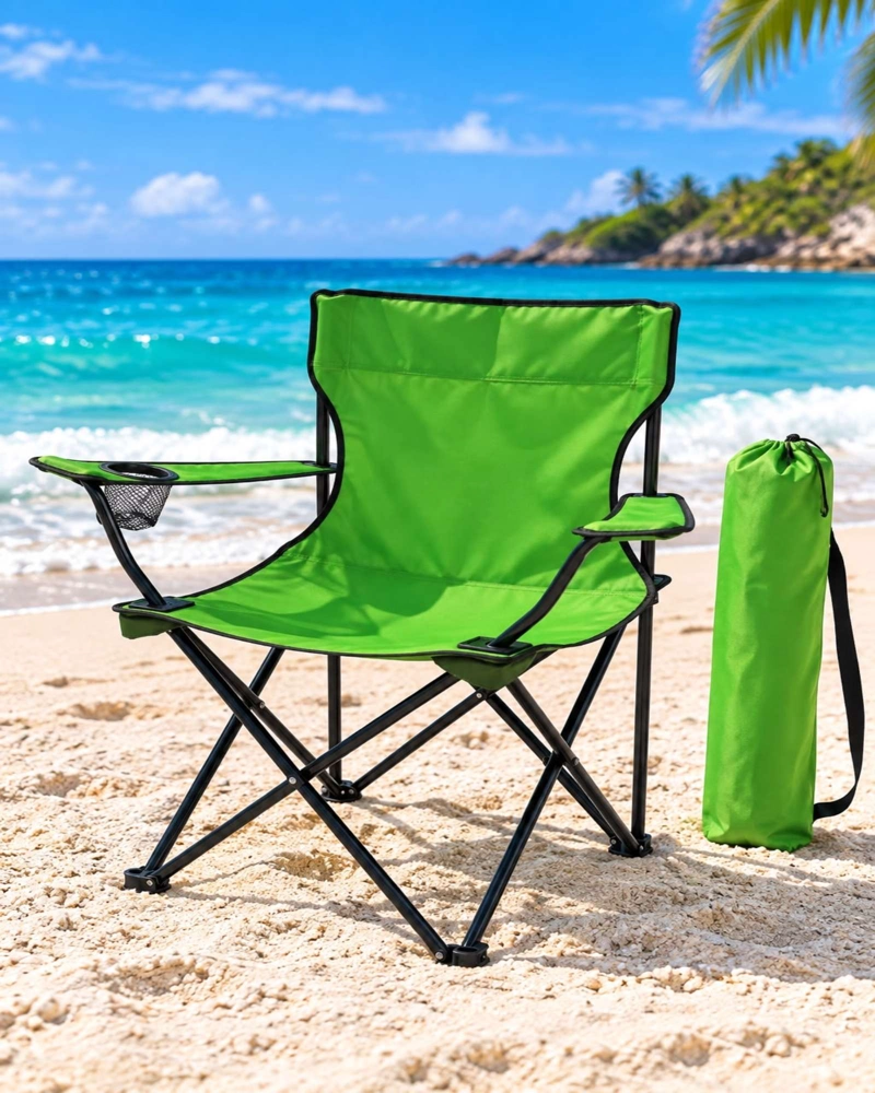 SILLA DE CAMPING PLEGABLE LIVIANA CON PORTAVASOS Y BOLSO VERDE - 3