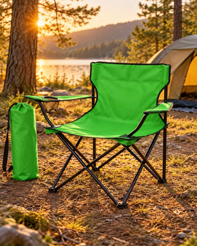 SILLA DE CAMPING PLEGABLE LIVIANA CON PORTAVASOS Y BOLSO VERDE - 4