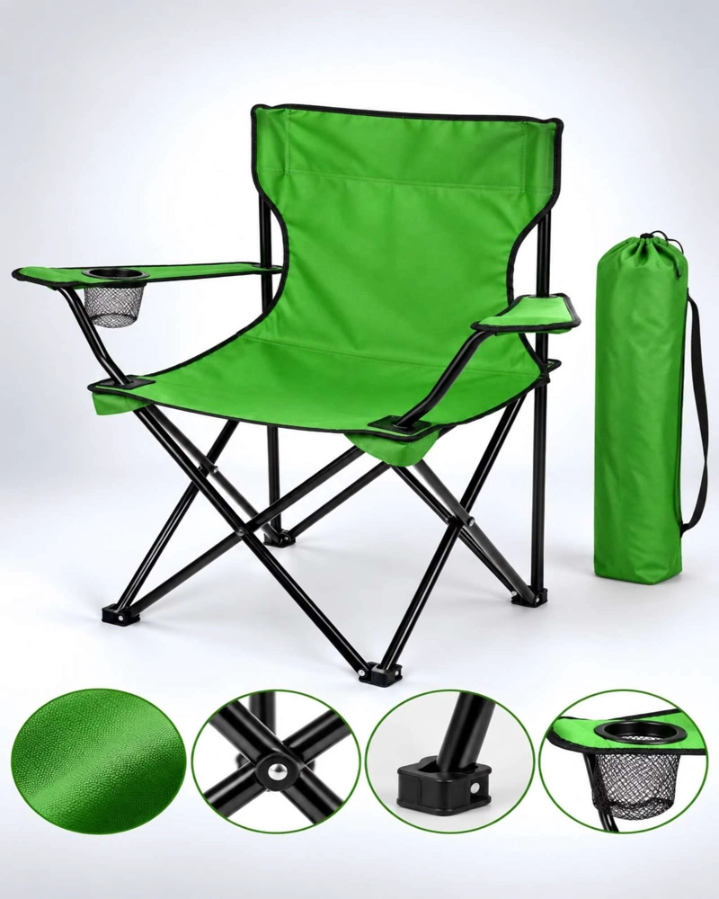 SILLA DE CAMPING PLEGABLE LIVIANA CON PORTAVASOS Y BOLSO VERDE - 5