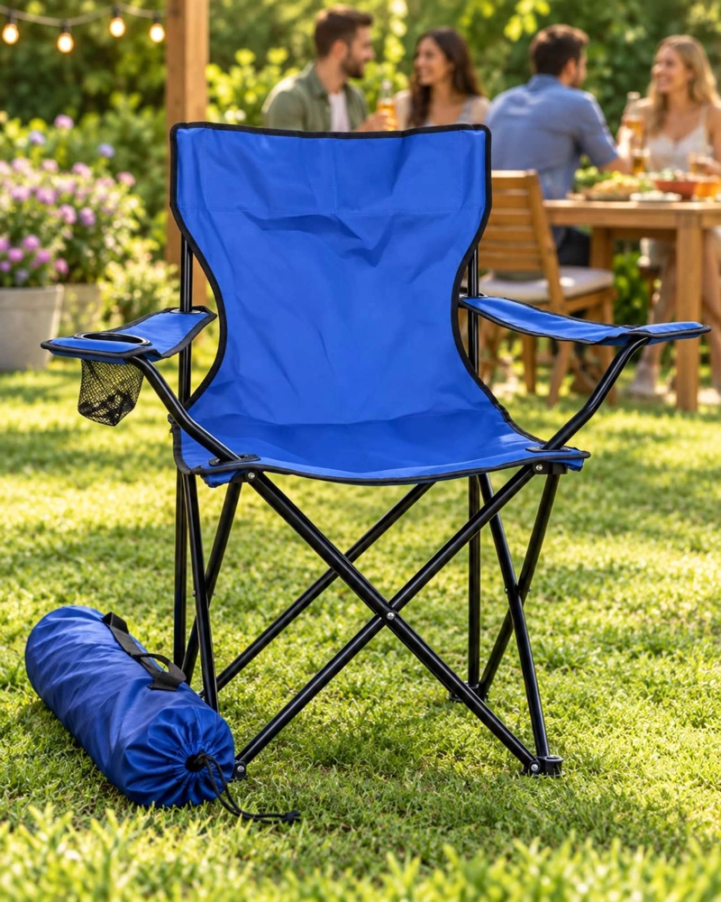 SILLA DE CAMPING PLEGABLE LIVIANA CON PORTAVASOS Y BOLSO AZUL - 1