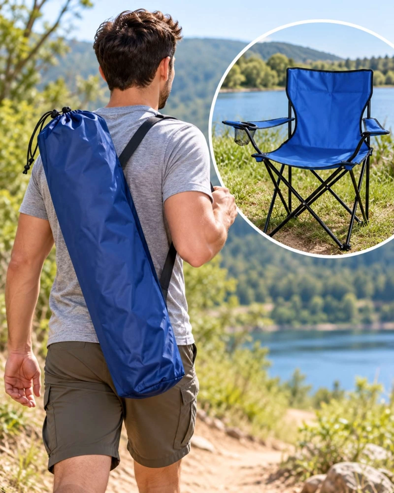 SILLA DE CAMPING PLEGABLE LIVIANA CON PORTAVASOS Y BOLSO AZUL - 3
