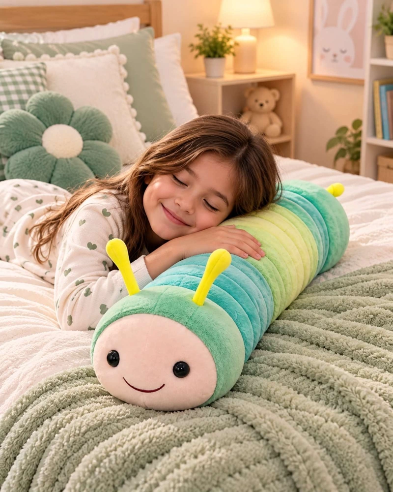 ALMOHADA COJIN LARGO ORUGA PELUCHE SUAVE INFANTIL VERDE - 1