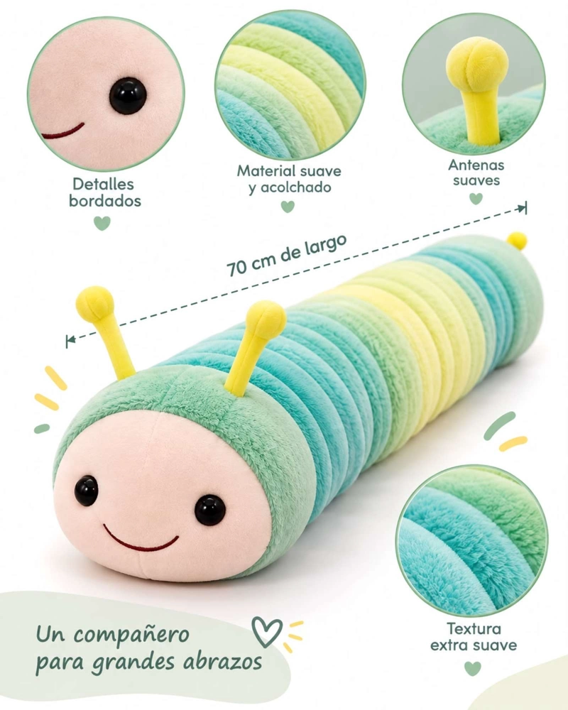 ALMOHADA COJIN LARGO ORUGA PELUCHE SUAVE INFANTIL VERDE - 5