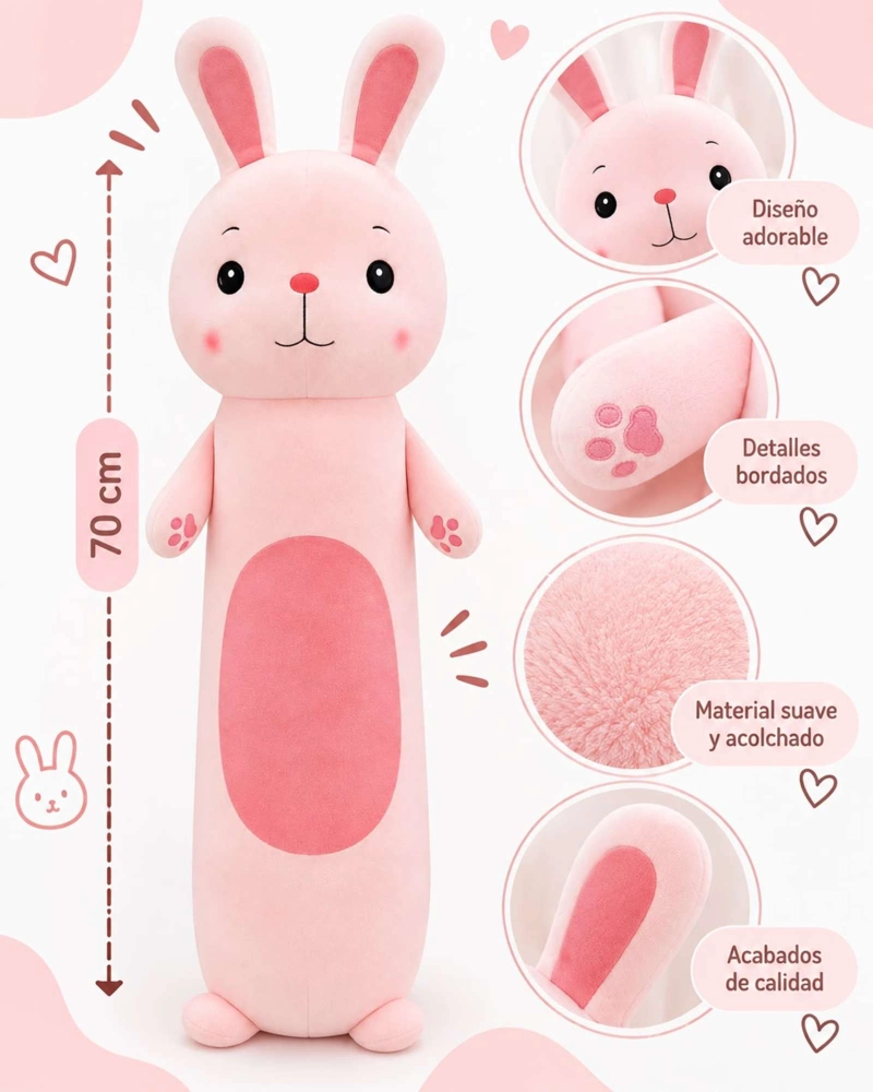 ALMOHADA COJIN LARGO CONEJO PELUCHE SUAVE 70 CM - 5