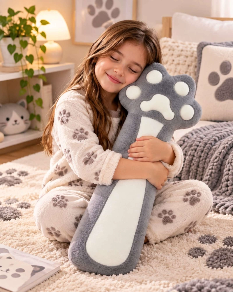 ALMOHADA COJIN LARGO HUELLA DE GATO PELUCHE SUAVE 70 CM - 1