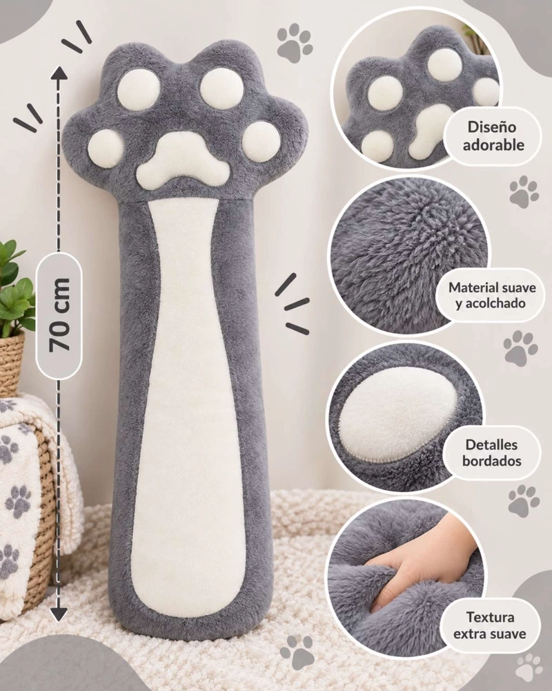 ALMOHADA COJIN LARGO HUELLA DE GATO PELUCHE SUAVE 70 CM - 5