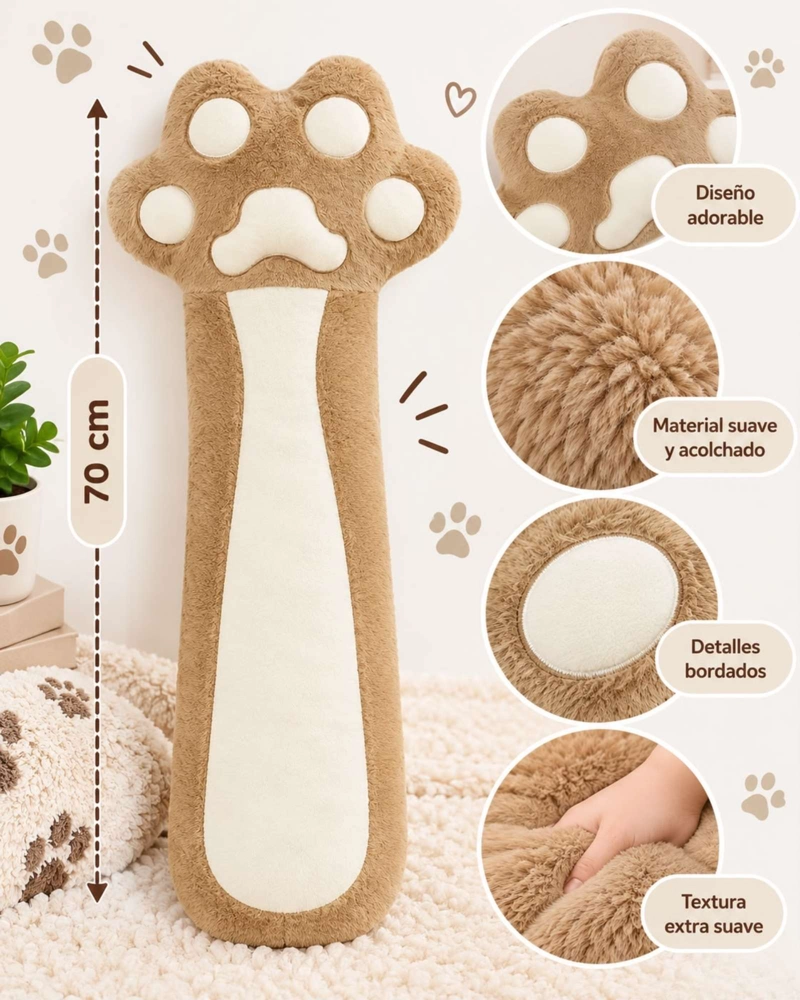 ALMOHADA COJIN LARGO HUELLA DE GATO PELUCHE SUAVE 70 CM - 5