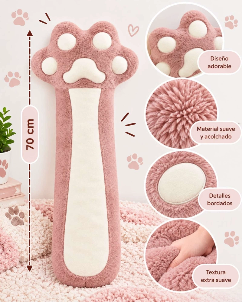 ALMOHADA COJIN LARGO HUELLA DE GATO PELUCHE SUAVE 70 CM - 5