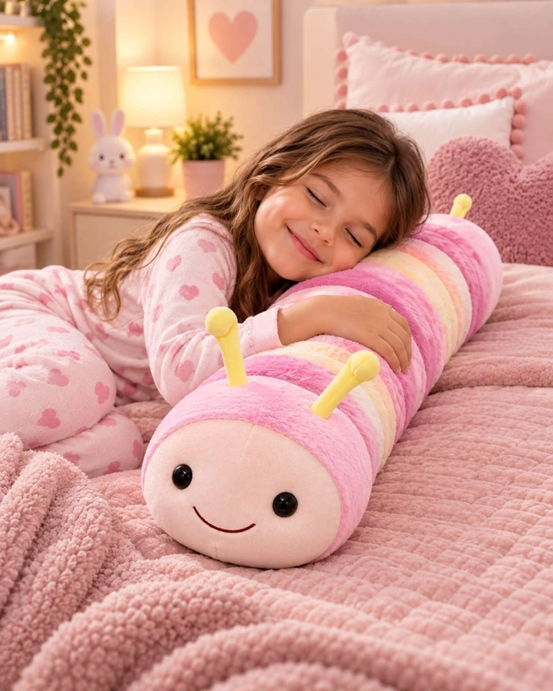 ALMOHADA COJIN LARGO ORUGA PELUCHE SUAVE INFANTIL ROSA - 1