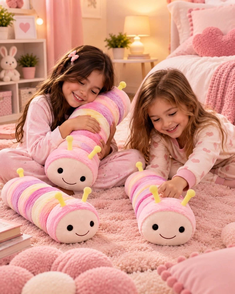 ALMOHADA COJIN LARGO ORUGA PELUCHE SUAVE INFANTIL ROSA - 2
