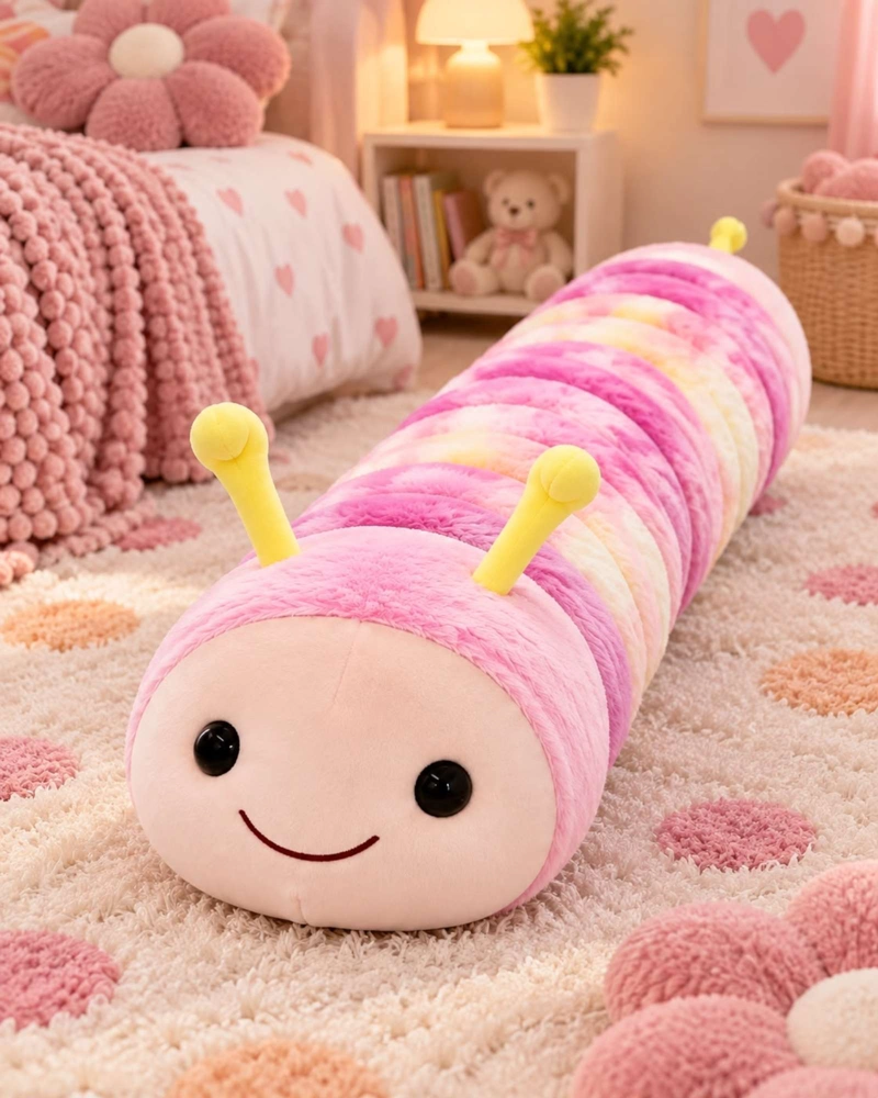 ALMOHADA COJIN LARGO ORUGA PELUCHE SUAVE INFANTIL ROSA - 3