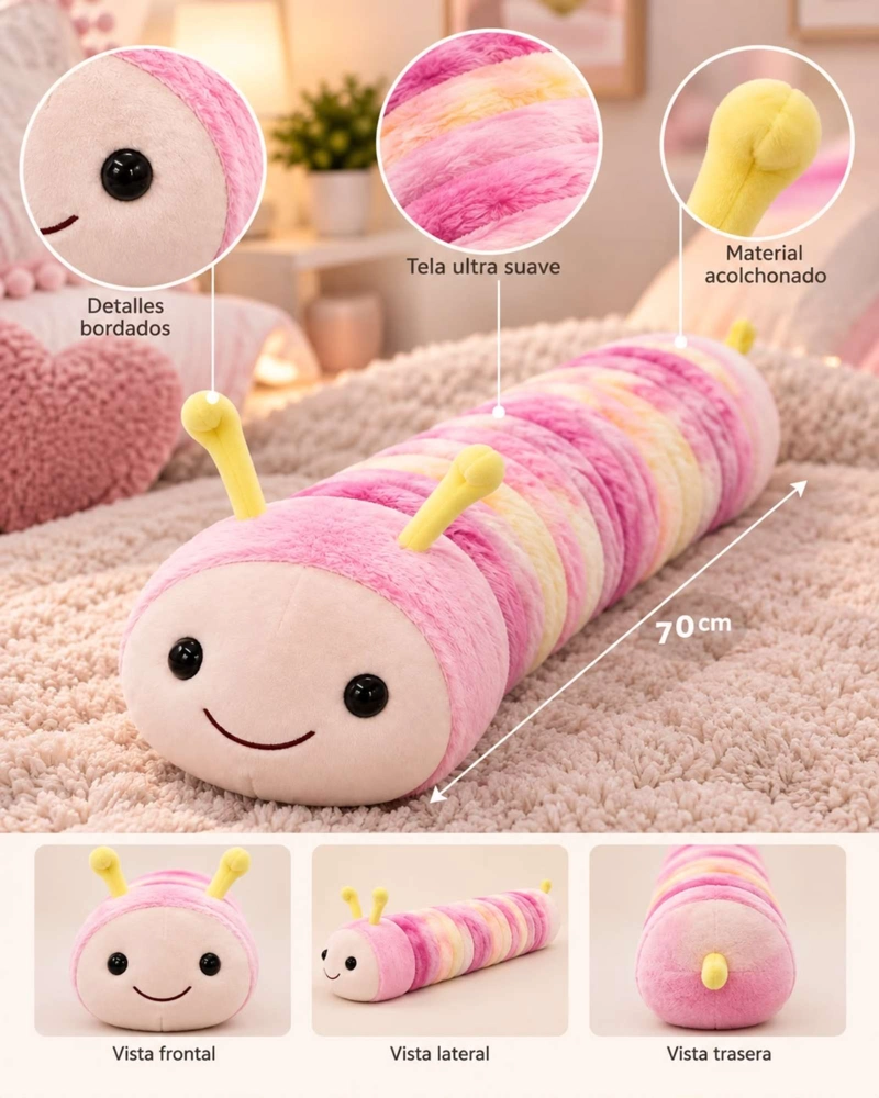 ALMOHADA COJIN LARGO ORUGA PELUCHE SUAVE INFANTIL ROSA - 5