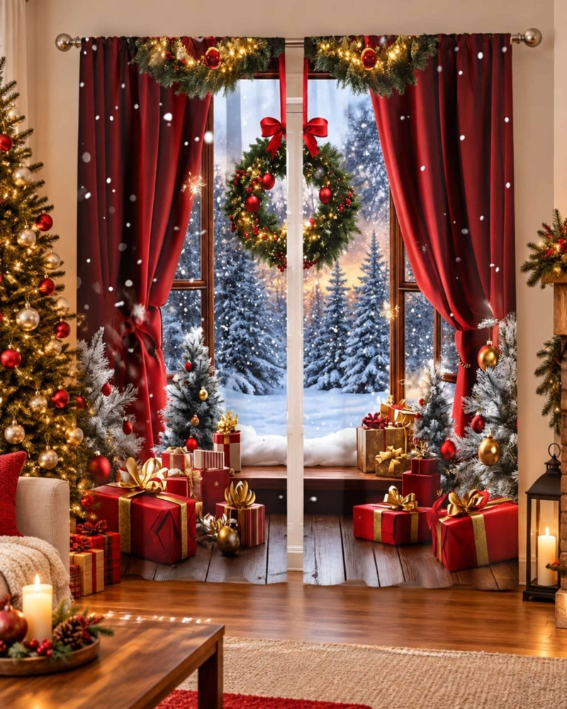 SET  DE 2  CORTINAS DE NAVIDAD DECORATIVA 140 X 230 CM. - 1
