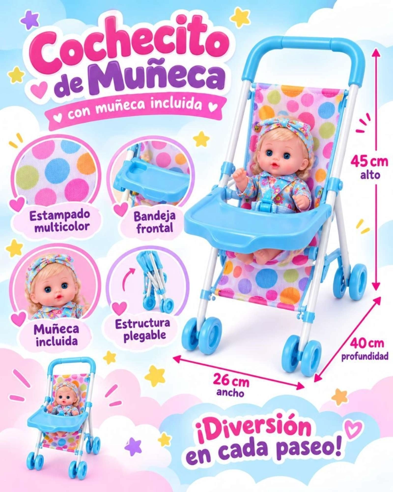 SET MUÑECA BEBE INTERACTIVA CON COCHE SILLA DE COMER Y ACCESORIOS NIÑAS - 8