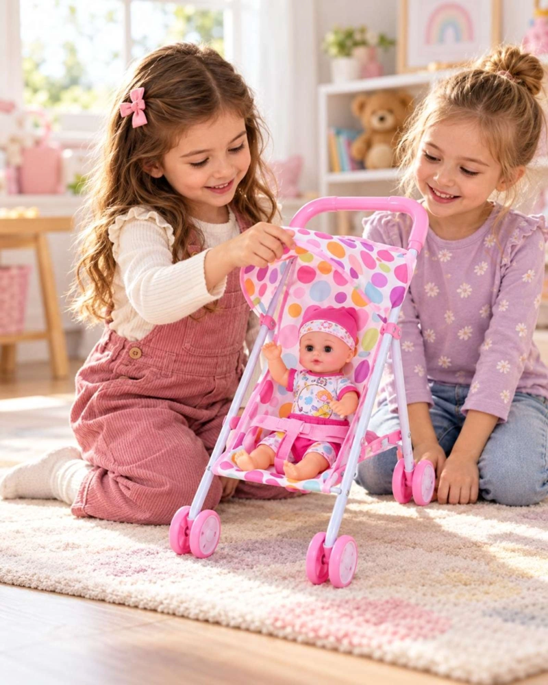 MUÑECA BEBE INTERACTIVA CON SONIDO 35.5 CM Y COCHECITO PLEGABLE NIÑAS - 1