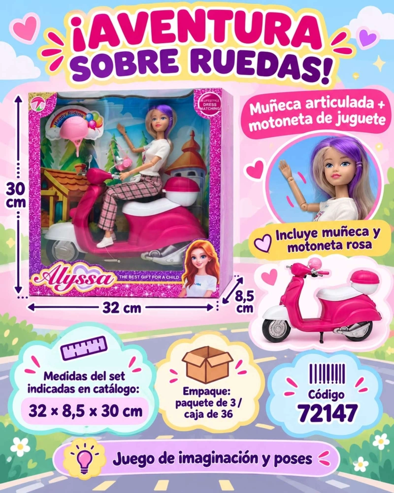 MUÑECA DE MODA 30 CM CON MOTOCICLETA SCOOTER Y ACCESORIOS NIÑAS - 8