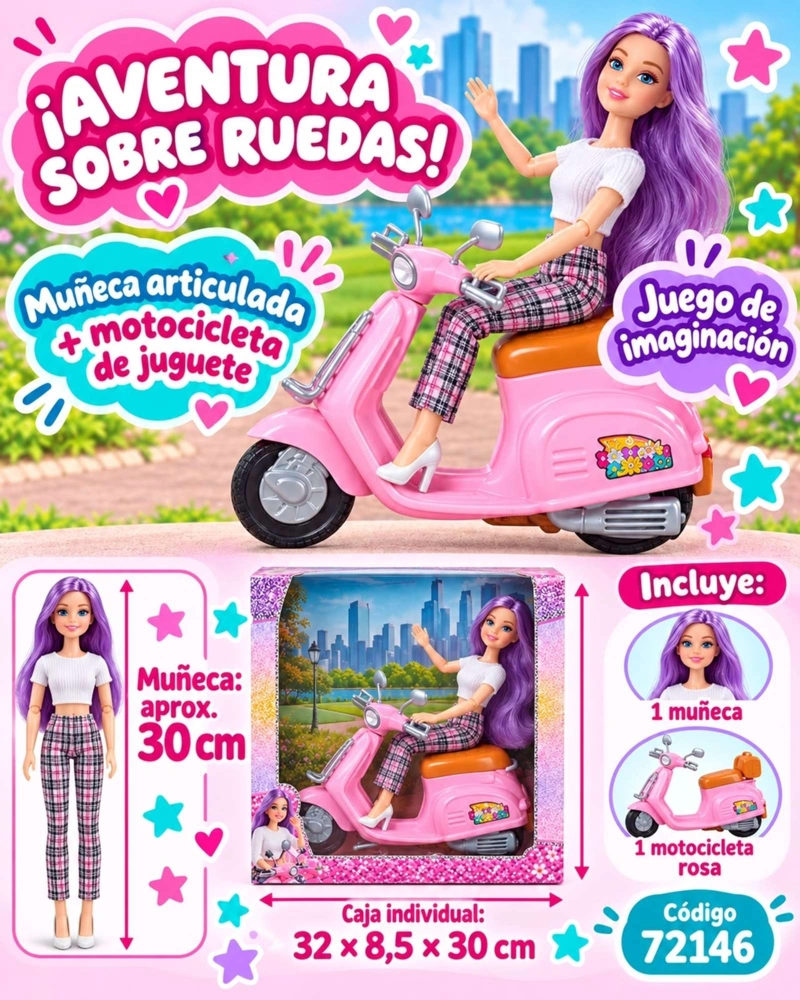 MUÑECA DE MODA 30 CM CON MOTOCICLETA SCOOTER Y ACCESORIOS NIÑAS - 8