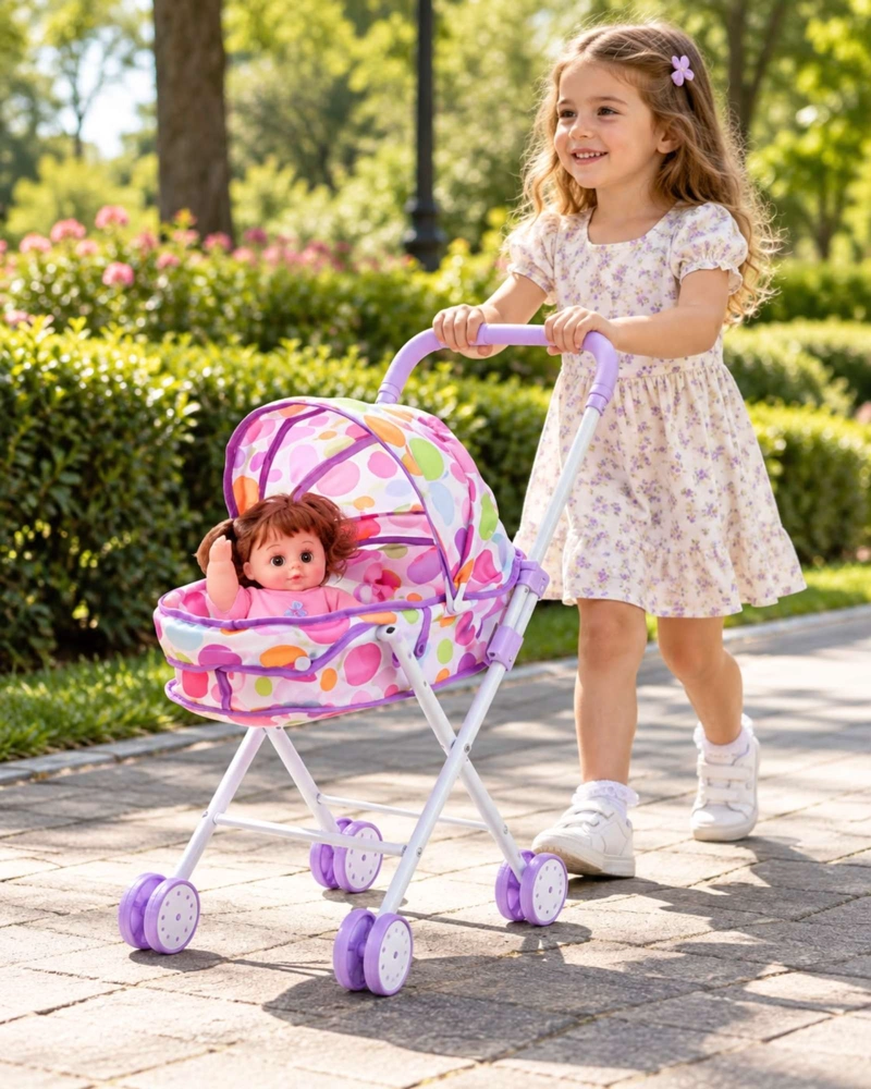 MUÑECA BEBE DE 30 CM CON COCHECITO PLEGABLE DE PASEO NIÑAS - 1