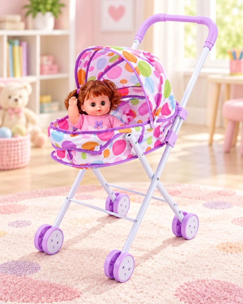 MUÑECA BEBE DE 30 CM CON COCHECITO PLEGABLE DE PASEO NIÑAS - 7