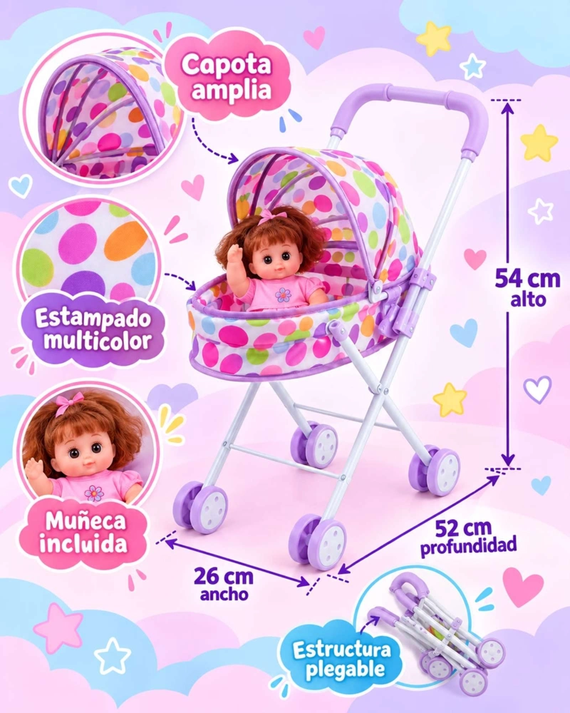MUÑECA BEBE DE 30 CM CON COCHECITO PLEGABLE DE PASEO NIÑAS - 8